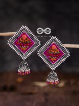 The Beaded Bohemian Square Jhumkas(Orange-Pink) - Embroidered Oxidised Collection