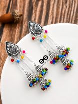 The Shimmery Droplet Triple Multicoloured Jhumkis - The Oxidised Boho Collection