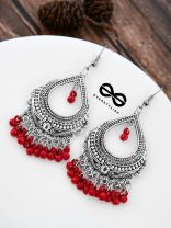 The Intricate Motif Drops - Oxidised Boho Earrings - Red