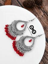 The Intricate Motif Drops - Oxidised Boho Earrings - Red