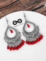 The Intricate Motif Drops - Oxidised Boho Earrings - Red