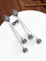 The Double Jhumki Geometric Droplet Danglers - Oxidised Boho Earrings