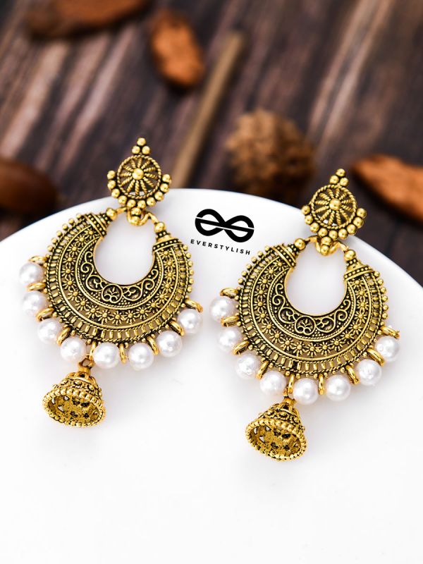 The Golden Motif Pearl Jhumkis - Oxidised Boho Earrings