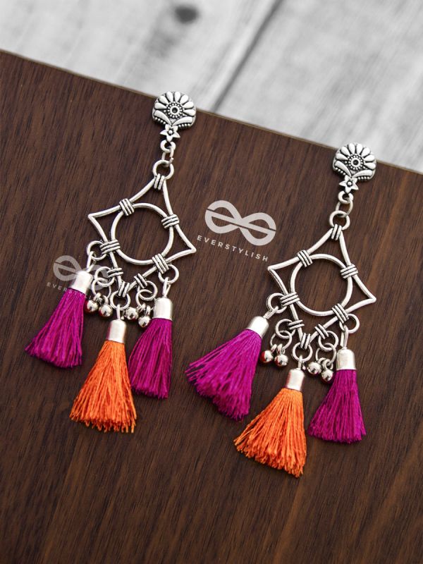 The Geometric Tasseled Elegance (Orange-Pink) - Casual Danglers