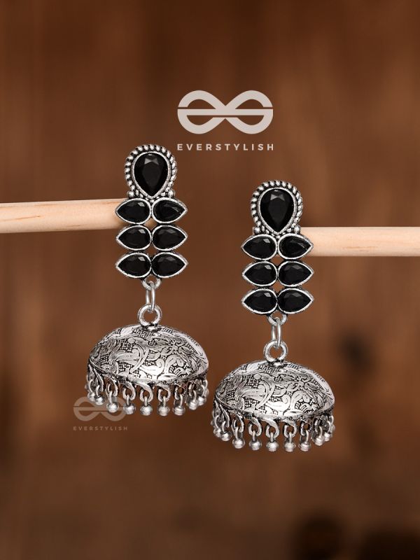 The Woman of Finesse - Embellished Oxidised Jhumkas (Onyx Black)