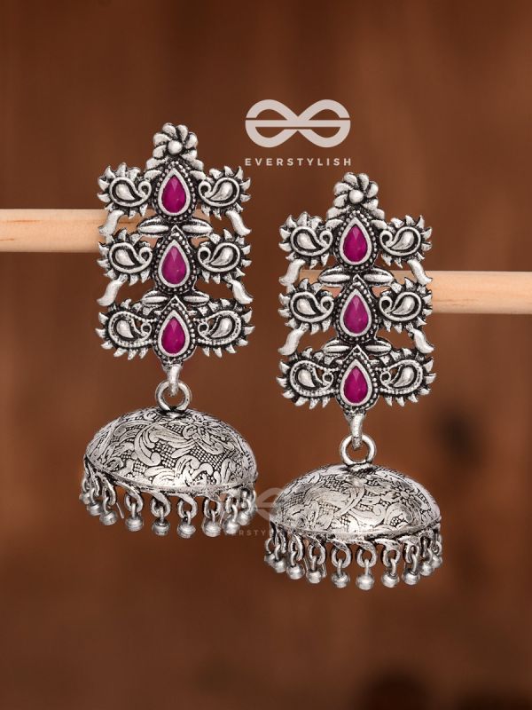 The Intricate Wonders (Ruby Red) - Embellished Oxidised Jhumkas