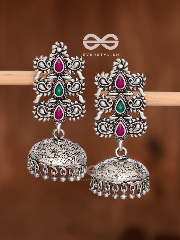 The Intricate Wonders (Ruby Emerald) - Embellished Oxidised Jhumkas