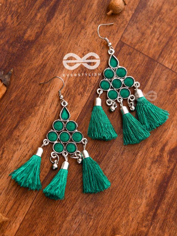 The Enamelled Tassels (Teal) - Embellished Oxidised Earrings