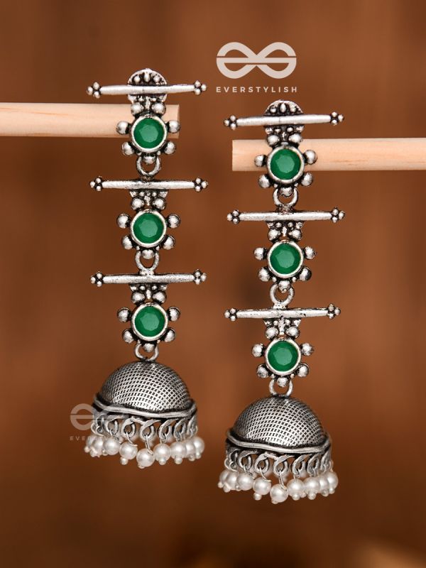 The Elegant Delight - Triple Layered Jhumkas (Emerald Green)