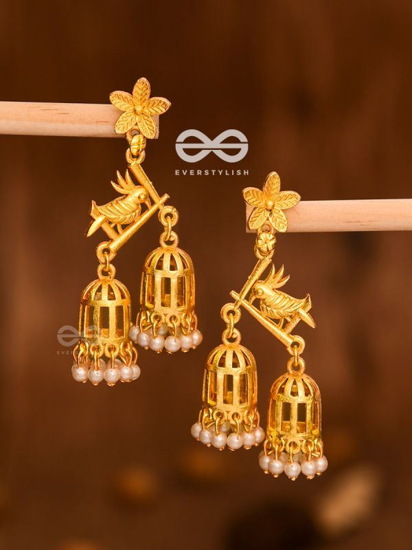 The Uncaged bird Artwork Jhumkas (Golden)