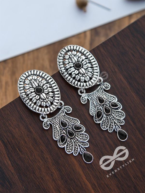 The Delightful Boho Artwork Statement Embellished Earrings (Onyx Black)