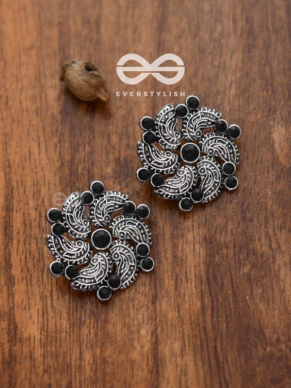 The Whimsical Whirlpools - Embellished Oxidised Studs (Onyx Black)