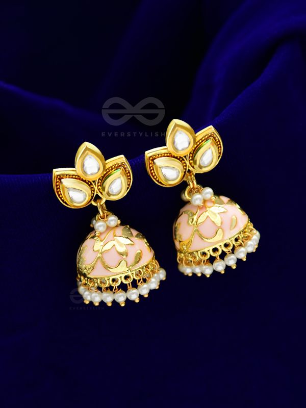 The Kundan Leafy Affair- Enamelled Golden Jhumki - Peachy Glow