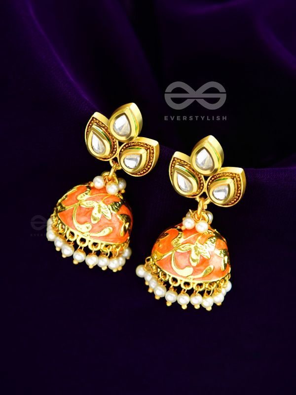 The Kundan Leafy Affair- Enamelled Golden Jhumki - Sunset Orange