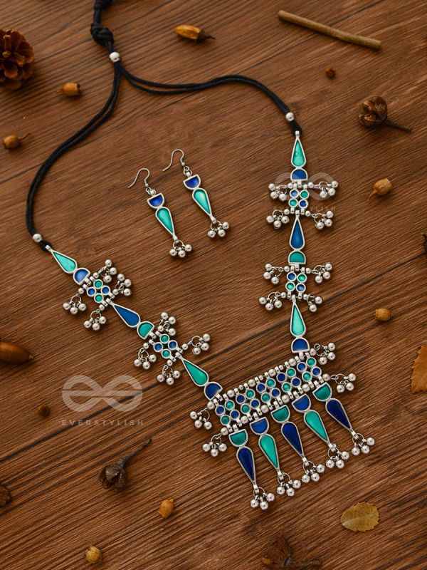 The Bohemian Jaw Droppers - Statement Set of Meenakari Neckpiece and Earrings (Teal-Blue)