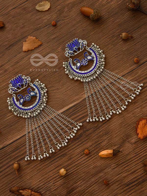 The Dangling Blooming Lotus - Statement Meenakari Earrings (Royal Blue)