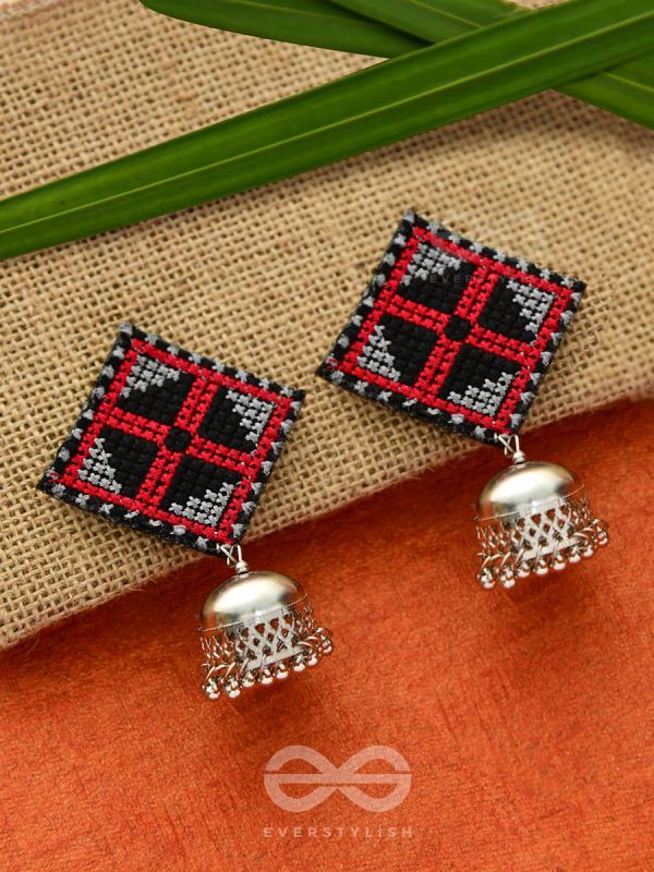 The Aztec Kite Jhumkas - Statement Embroidered Earrings (Red - Black)