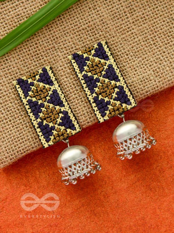 The Aztec Elegance - Statement Embroidered Jhumkas (Golden - Oxford Blue)