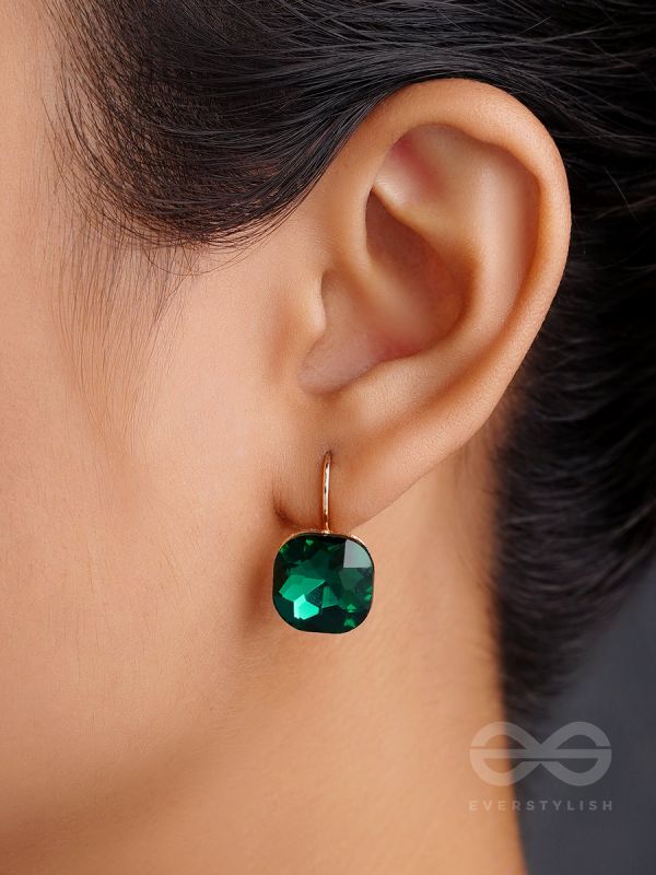 The Ice Cube- Crystal Golden Earrings (Juniper Green)