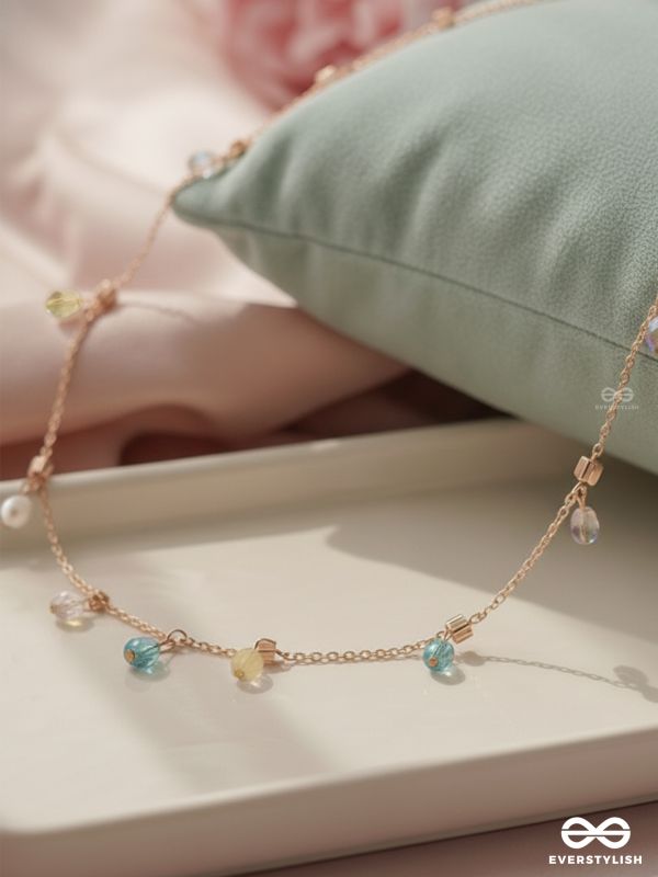 Rain In Paradise- Pearls And Crystals Studded Golden Necklace With Anti-Tarnish Coating