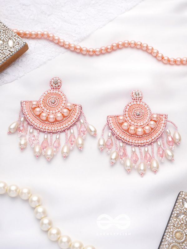 SURAMYA- THE PICTURESQUE CRESCENT- SEQUINS, GLASS BEADS AND STONE EMBROIDERED EARRINGS (SALMON PINK)