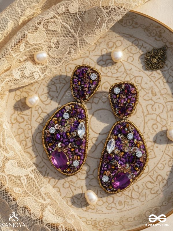  KARNIKAR- THE PURPLE FLOWER- STONE, SEQUINS AND BEADS EMBROIDERED EARRINGS (Violet & Fire Yellow)