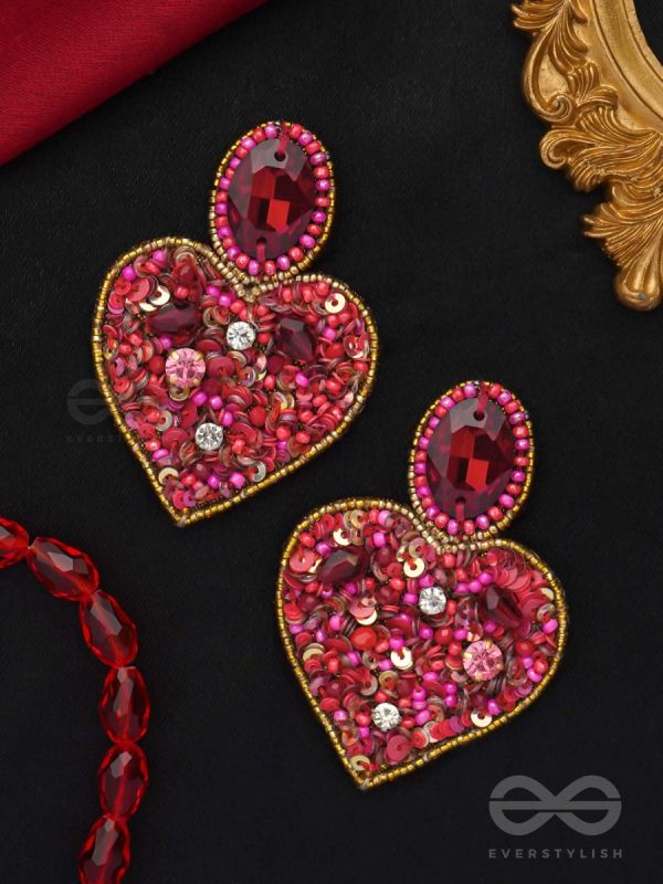  ANTASHTHA- THE HEART- STONES, SEQUINS AND BEADS EMBROIDERED EARRINGS (Crimson)