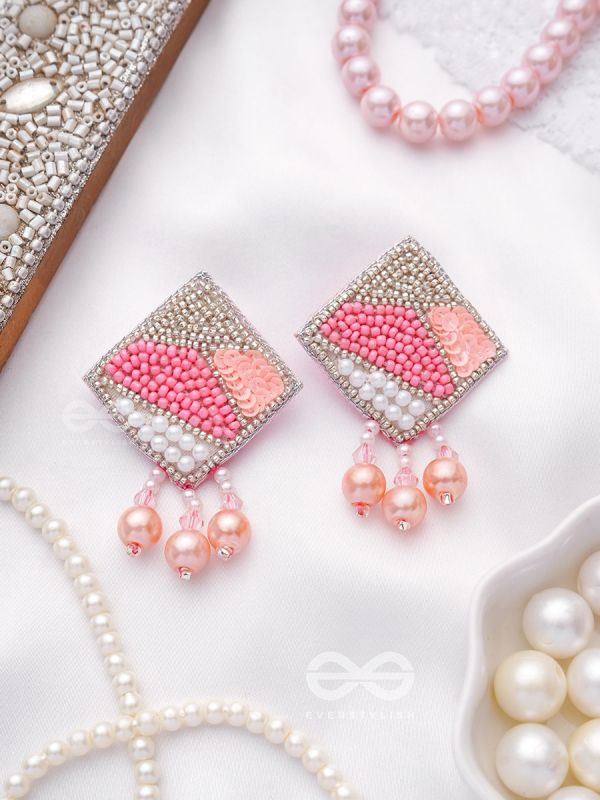 Chaturashra- The Charming Square- Beads and Pearls Embroidered Earrings (Blush & Fuchsia Pink)