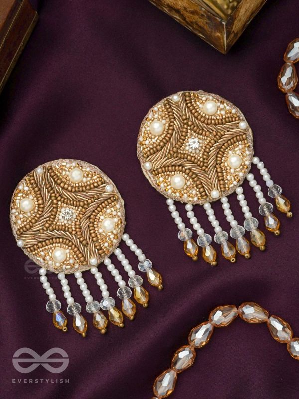 Parinataruna- The Setting Sun- Beads, Sequins, Swaroski and Glass Drops Embroidered Earrings (Copper Brown)