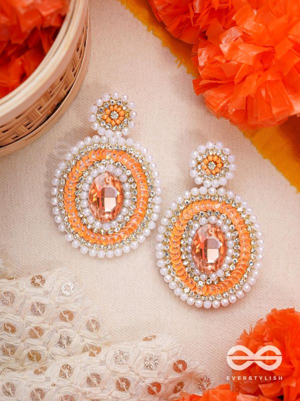 Vitanka- The Beautiful Ovals- Sequins, Stones and Pearls Embroidered Earrings (Carrot Orange)