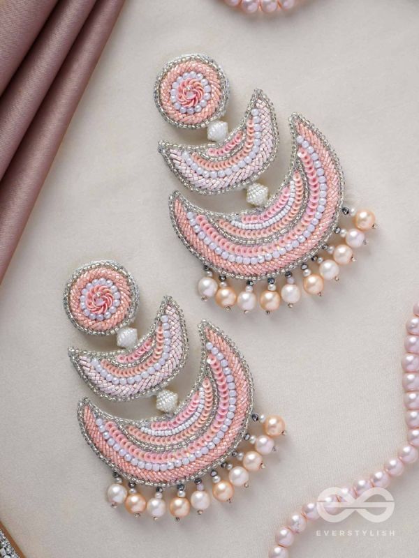 Sitasva- Dazzling Moons- Swaroski, Pearls and Sequins Embroidered Earrings (Coral Pink)