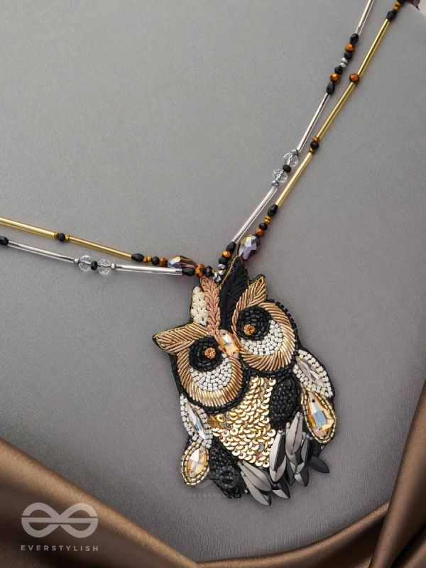 Shakuneya- The Owl King- Swaroski, Sequins and Glass Beads Embroidered Necklace (Ebony Black and Golden)