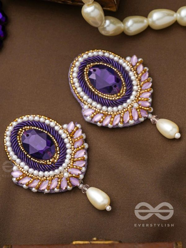 Vilohita- The Purple Elegance- Stones and Pearls Embroidered Earrings