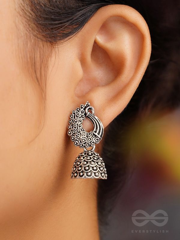 The Twirling Peacock- Oxidised Jhumka Earrings