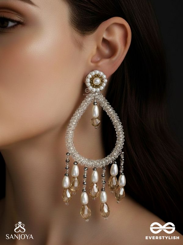 Ashvasya - The Boundless Beauty -  Pearl And Glass Drops Hand Embroidered Earrings (White)