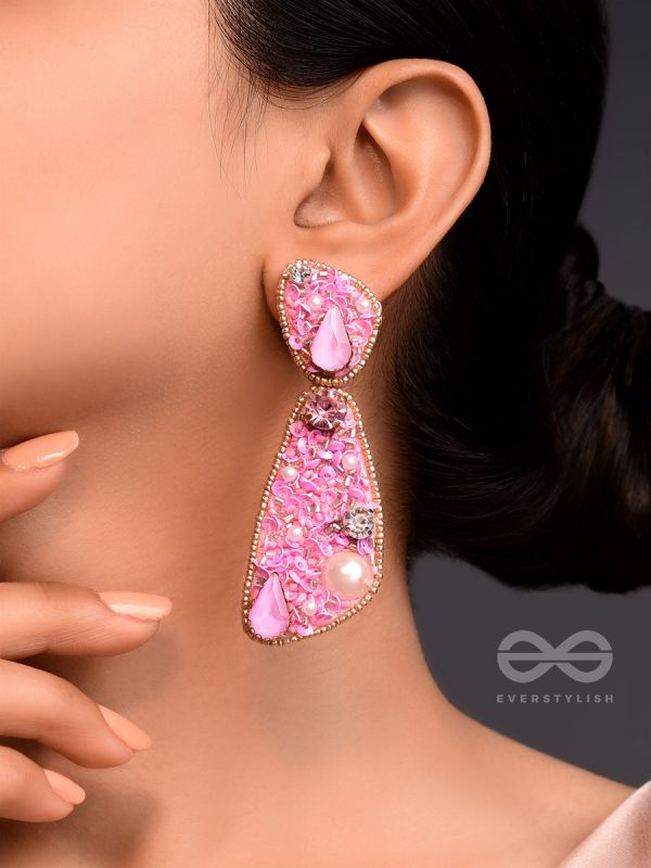 Manikya- The Pink Allure- Stones, Sequins and Beads Embroidered Earrings