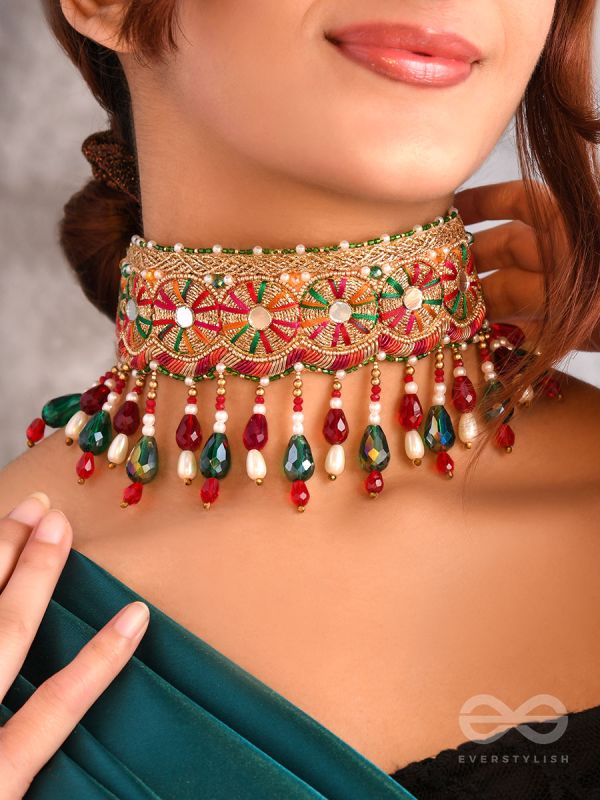 Aadibhi- Charmingly Colorful- Lace, Moti and Glass Beads Embroidered Choker Necklace