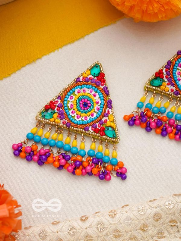 Tryashra- The Vibrant Triangle- Stones, Sequins and Resham Embroidered Stud Earrings