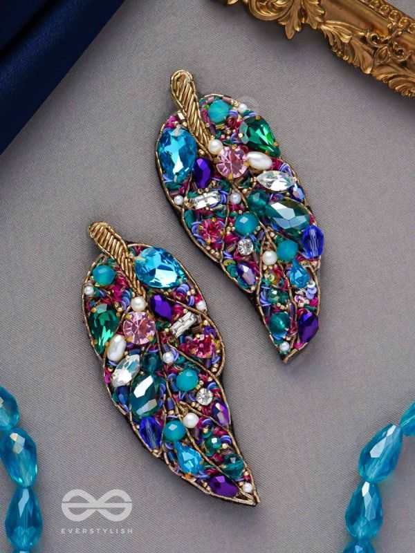 Parnila- The Lovely Leaf- Stones, Sequins and Glass Beads Embroidered Stud Earrings