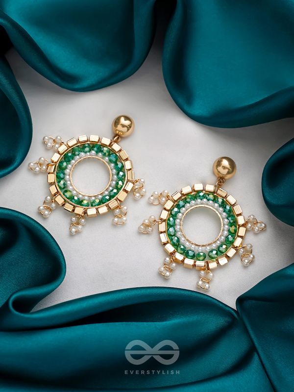 The Emerald Orbits- Golden Embellished  Earrings