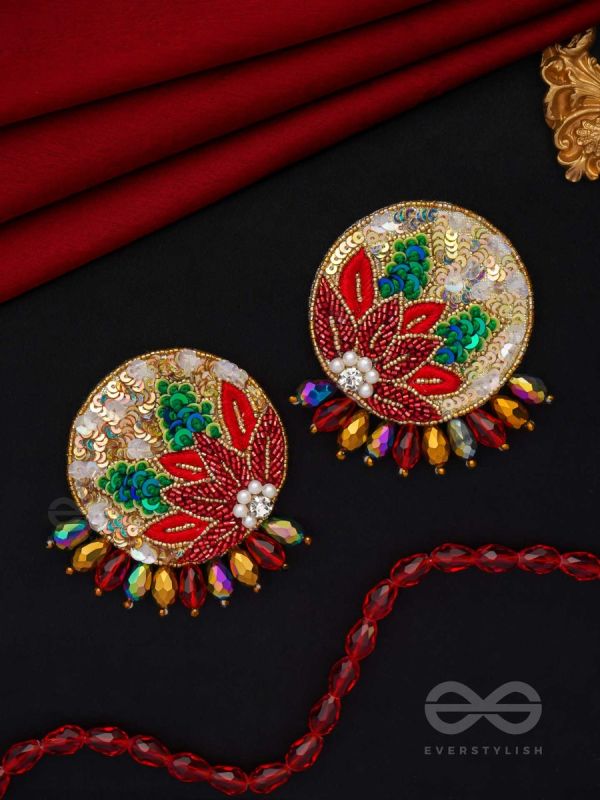 Surangi- The Red Flower Tree- Pearls, Resham and Sequins Embroidered Earrings