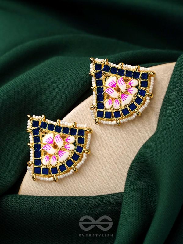 The Lotus Temple- Enamelled Statement Stud Earrings (Indigo Blue)

 