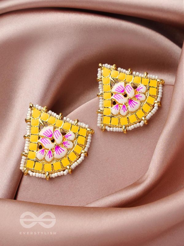 The Lotus Temple- Enamelled Statement Stud Earrings(Cadmium Yellow) 