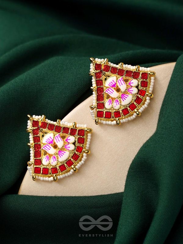 The Lotus Temple- Enamelled Statement Stud Earrings(Scarlet Red)