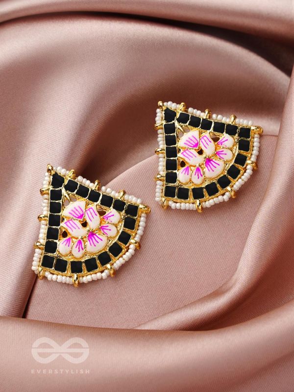 The Lotus Temple- Enamelled Statement Stud Earrings(Midnight Black)