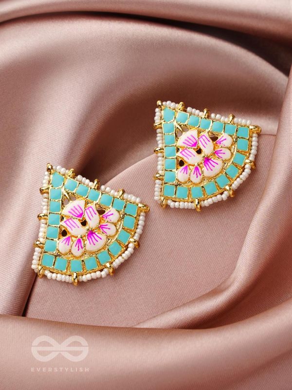 The Lotus Temple- Enamelled Statement Stud Earrings(Arctic Blue)