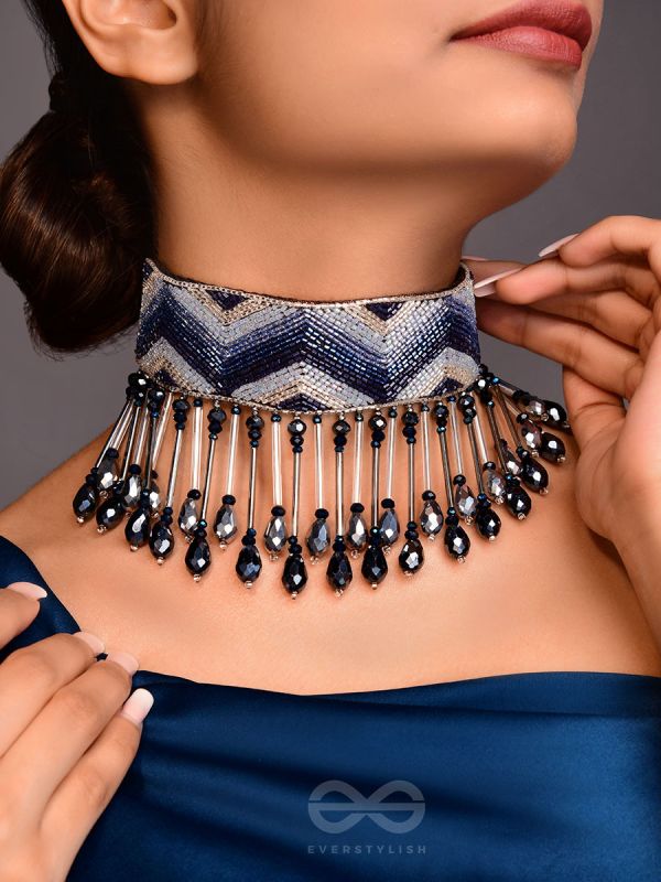 Adrisha- The Indigo Hills- Glass Beads & Mirror Lace Embroidered Choker Necklace