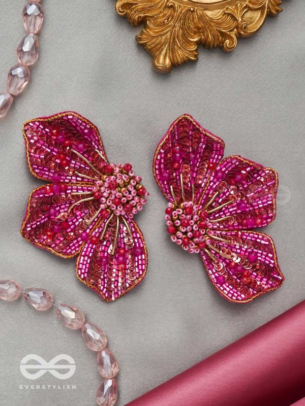 Prasthika- The Crimson Hibiscus- Glass Tyres Embroidered Stud Earrings