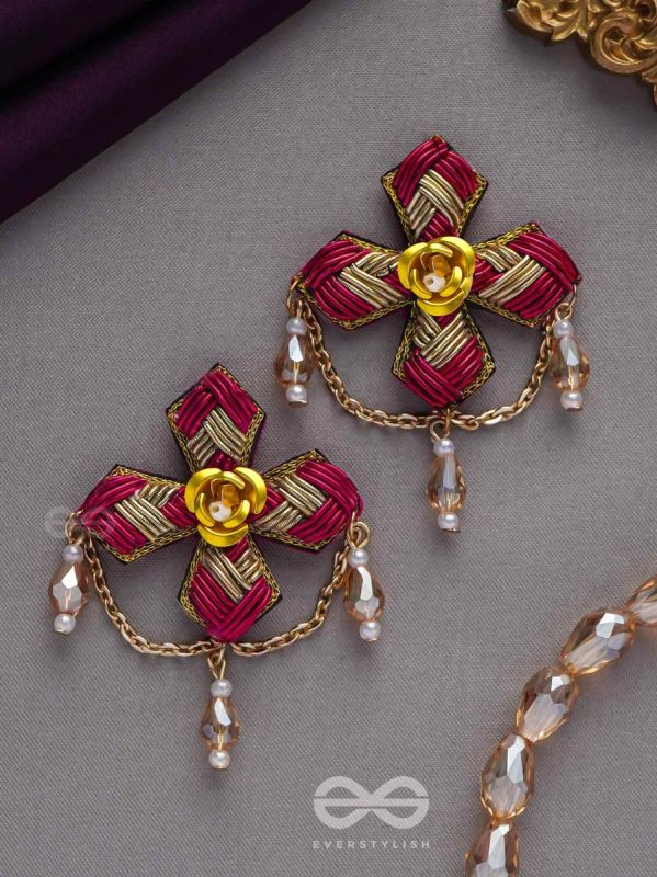 CHAARVI - THE BEAUTIFUL AND ELEGANT - PINK AND GOLD EMBROIDED  EARRINGS WITH METAL FLOWERS