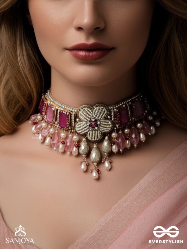 CHAANDIKUSUMA - THE ROYAL BLOSSOM- STONE, BEADS, GLASS AND PEARL DROPS HAND EMBROIDERED CHOKER NECKPIECE